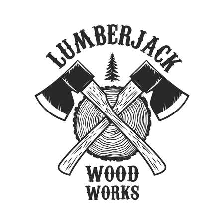 Lumberjack wood works. Crossed lumberjack axes on wooden stump background.のイラスト素材