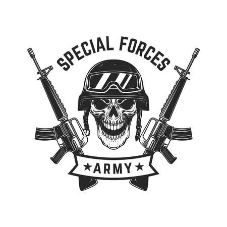 Special forces. Crossed assault rifles with soldier skull in military helmet.のイラスト素材