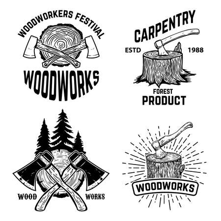 Set of crossed lumberjack axes on wooden stump background. Lumberjack wood works.のイラスト素材