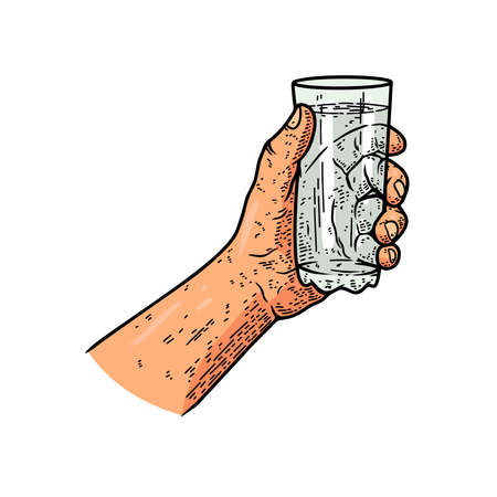 Illustration of a hand with glass of water. Design element for poster, card, banner, menu. Vector illustrationのイラスト素材