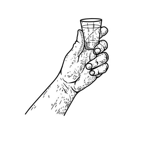 Illustration of a hand with glass of tequila. Design element for poster, card, banner, menu. Vector illustrationのイラスト素材
