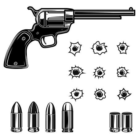 Illustration of cowboy revolver, bullets, bullet holes. Design element for   label, sign, poster. Vector illustrationのイラスト素材