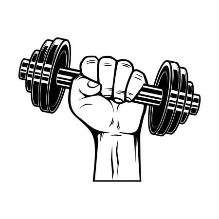 Athlete hand with dumbbell. Design element for poster, card, banner, sign. Vector illustrationのイラスト素材