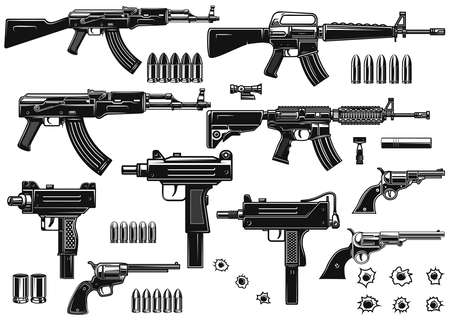 Set of illustrations of weapon. Assault rifle, uzi, revolvers, handgun, bullets, bullet holes.のイラスト素材