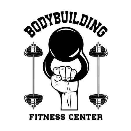 Bodybuilding. Emblem template with hand with kettlebell.のイラスト素材