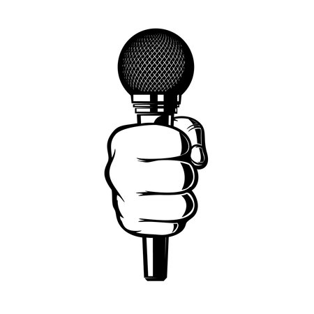 Human hand with microphone. Design element for sign, logo, label, t shirt. Vector illustrationのイラスト素材