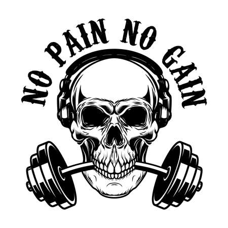Skull with headphones and barbell in teeth. vector illustrationのイラスト素材
