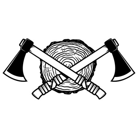 Crossed lumberjack axes with wood cut. Design element for logo, emblem, sign, poster, t shirt. vector illustrationのイラスト素材