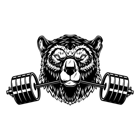 Grizzly bear with gym barbell in mouth. Design element for logo, emblem, sign, poster, t shirt. vector illustrationのイラスト素材