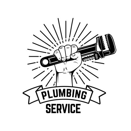 plumbing service. Hand plumbing wrench. Design element for logo, label, sign. vector illustrationのイラスト素材