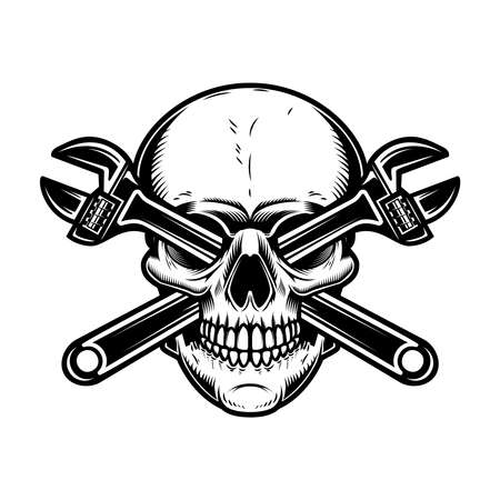 Vintage skull with crossed plumbing wrenches. Design element for poster, emblem, sign, logo, label. vector illustrationのイラスト素材