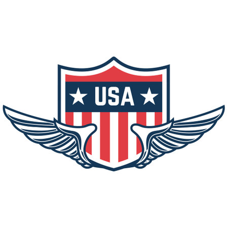 Emblem template with american flag and wings. Design element for emblem, sign, badge, logo. vector illustrationのイラスト素材