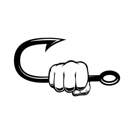 Hand holding fish hook. Design element for poster, card, banner, emblem, sign. vector illustrationのイラスト素材