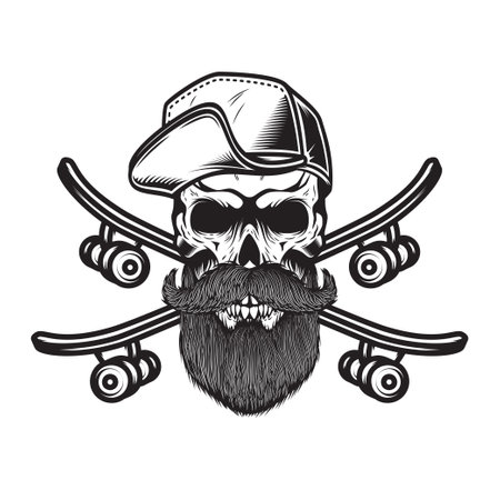 Skateboarder skull with crossed skateboards. Design element , label sign, poster, t shirt. vector illustrationのイラスト素材