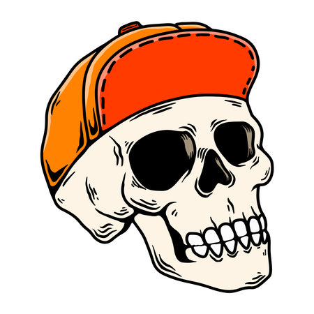 Illustration of a skull in skateboarder cap. Design element for poster, card, banner, sign. vector...