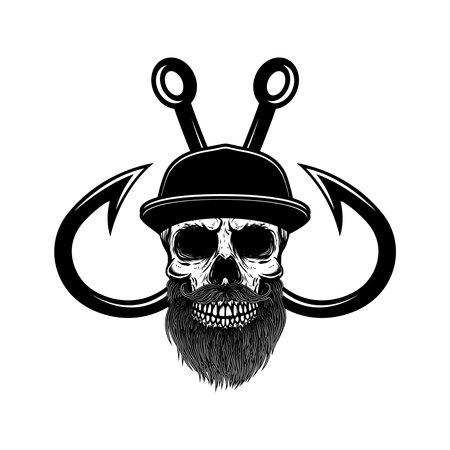 Skull with crossed fishing hooks. Design element  label, sign, emblem. vector illustrationのイラスト素材
