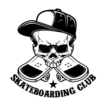 Skateboarder skull with crossed skateboards. Design element , label sign, poster, t shirt. vector illustrationのイラスト素材
