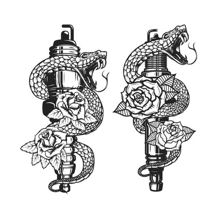 Illustration of the snake on spark plug and roses. Design element for poster, t shirt, card, banner. vector illustrationのイラスト素材