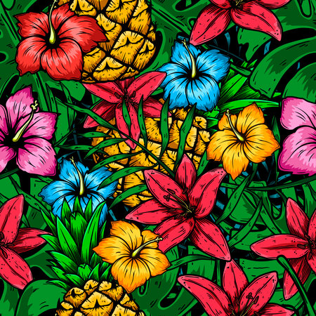 Seamless pattern with tropical flowers, palm leaves, monstera leaves. vector illustration.のイラスト素材