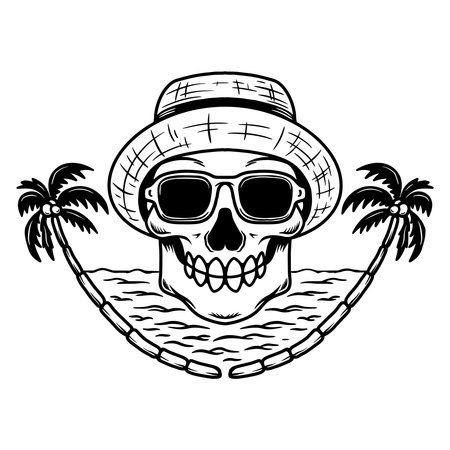 Illustration of skull in straw hat and sunglasses. summer theme. Design element for poster, card, banner, emblem, sign. vector illustrationのイラスト素材