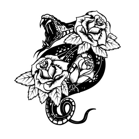 Snake on the background with roses. Design element for poster, t shirt, card, banner. vector illustrationのイラスト素材