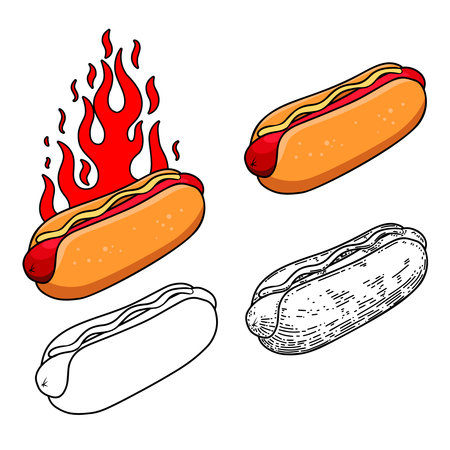 Set of illustration of hot dog with sausage. fast food. Design element for poster, menu, banner, sign. vector illustrationのイラスト素材