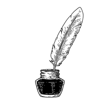Illustration of feather pen and inkwell in engraving style. Design element for card, banner, menu. vector illustrationのイラスト素材