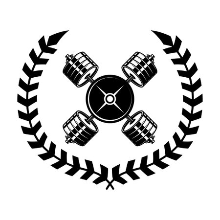 Emblem template with crossed barbells and wreath. Design element for  sign, emblem. vector illustrationのイラスト素材