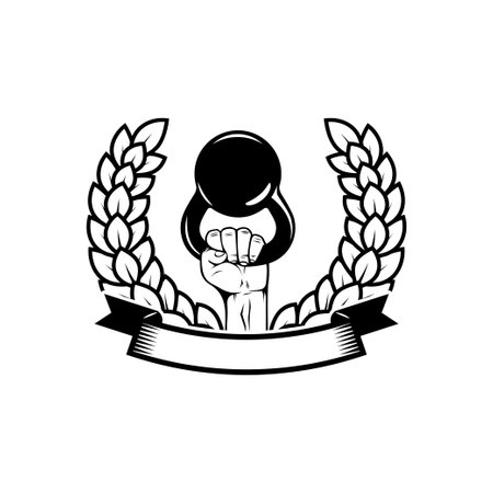 Hand with kettlebells and whreath. emblem template. Design element for logo, sign, emblem. vector illustrationのイラスト素材