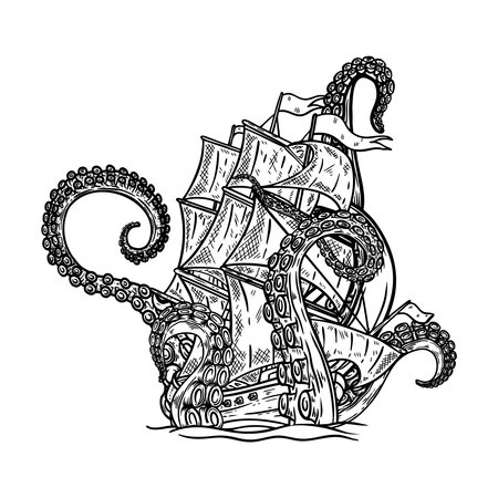 Octopus attack on sailboat. Design element for poster, card, banner, emblem, sign. vector illustrationのイラスト素材