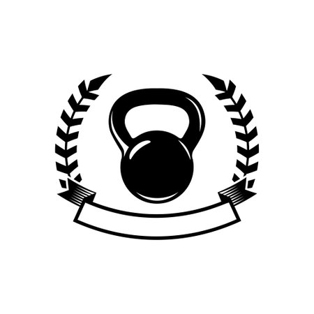 Emblem template with kettlebells and wreath. Design element for logo, sign, emblem. vector illustrationのイラスト素材