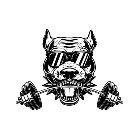 Angry dog head with gym barbell in teeth. Design element for logo, sign, emblem. vector illustrationのイラスト素材