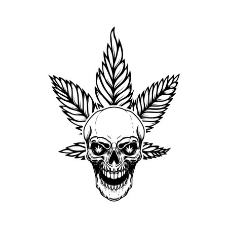 Skull with marijuana leaf. Design element for logo, emblem, sign, poster. vector illustrationのイラスト素材