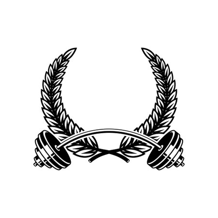 Emblem template with barbell and wreath. Design element for logo, sign, emblem. vector illustrationのイラスト素材