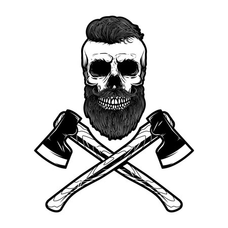 Illustration of the lumberjack skull and crossed axes. Design element for logo, label, sign, emblem. vector illustrationのイラスト素材