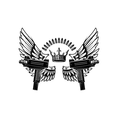 Two guns and wings with king crown.のイラスト素材