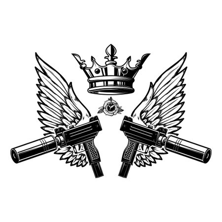 Two guns and wings with king crown.のイラスト素材