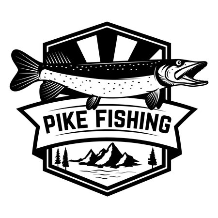 Pike fishing emblem in monochrome style. Pike fish isolated on white backgroundのイラスト素材