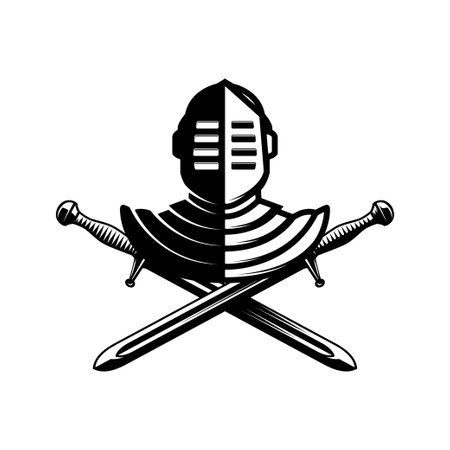 Knight helmet with crossed swords. Warrior helmet with swords. Design elementのイラスト素材