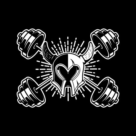 Warrior helmet with crossed gym barbells. Gym conceptのイラスト素材