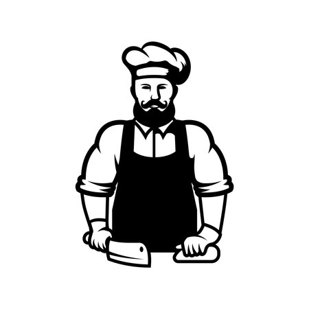Illustration of a butcher with hatchet and meat. Design element for emblem, sign, badge. Vector illustrationのイラスト素材