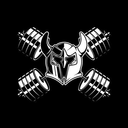 Warrior helmet with crossed gym barbells. Gym concept.のイラスト素材