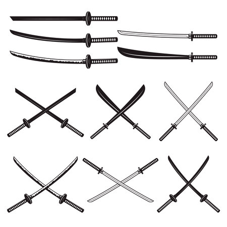 Set of the katana swords. Samurai and ninja weapon in retro style. Crossed samurai swords collectionのイラスト素材