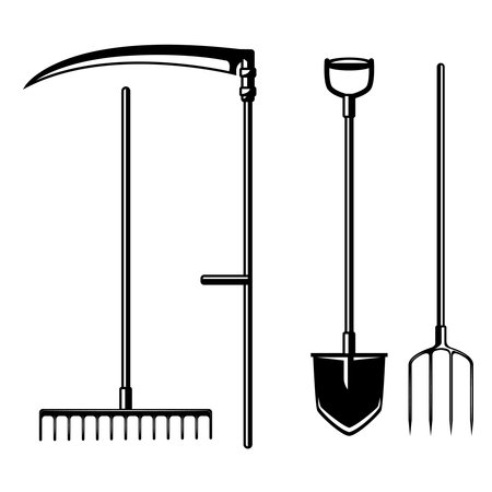 Set of retro farmers tools in black and whiteのイラスト素材