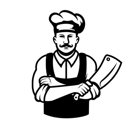 Illustration of a butcher with hatchet and meat. Design element for emblem, sign, badge. Vector illustrationのイラスト素材