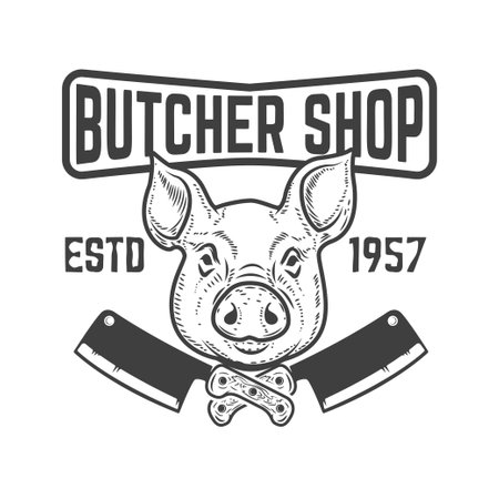 Farm fresh pork meat. Label template with pig meatのイラスト素材