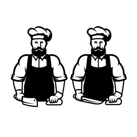 Illustration of a butcher with hatchet and meat. Design element for emblem, sign, badge. Vector illustrationのイラスト素材