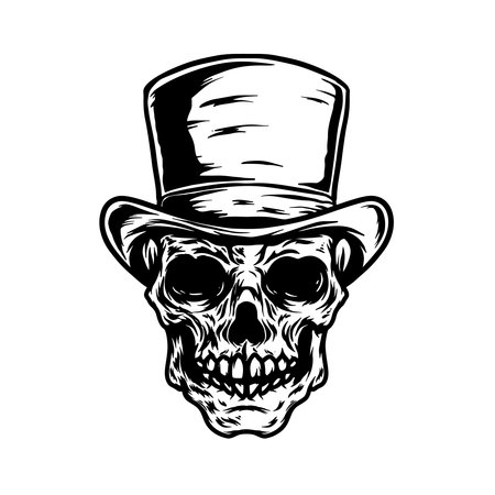 Illustration of skull in vintage hat. Design element for logo, label, sign, emblem, badge. Vector illustration gentleman skullのイラスト素材