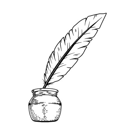 Ink bottle with goose feather in engraving style. Design element for poster, card, banner, sign. Vector illustrationのイラスト素材