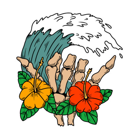 Skeleton hand with surfing wave and tropical flowers. Design element for poster, card, banner.のイラスト素材
